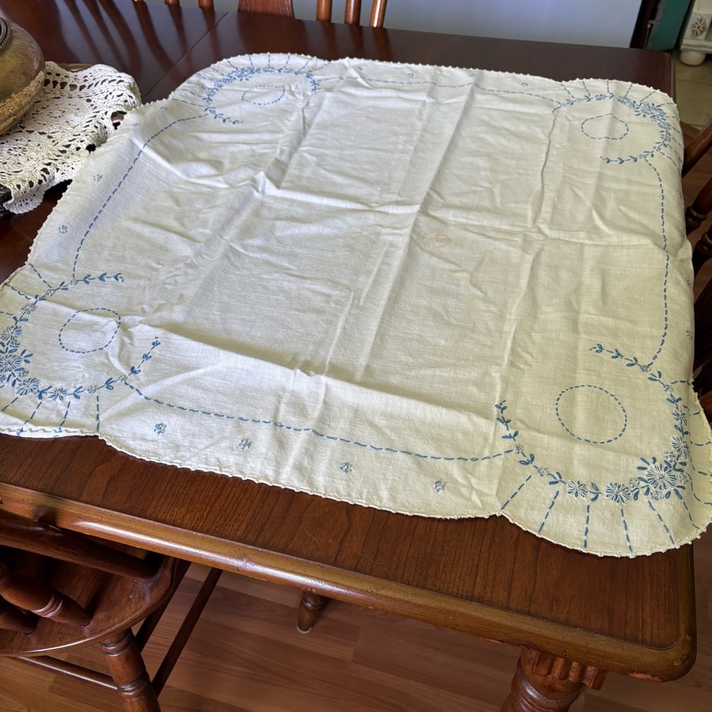 Vintage Embroidered White and Blue Tablecloth